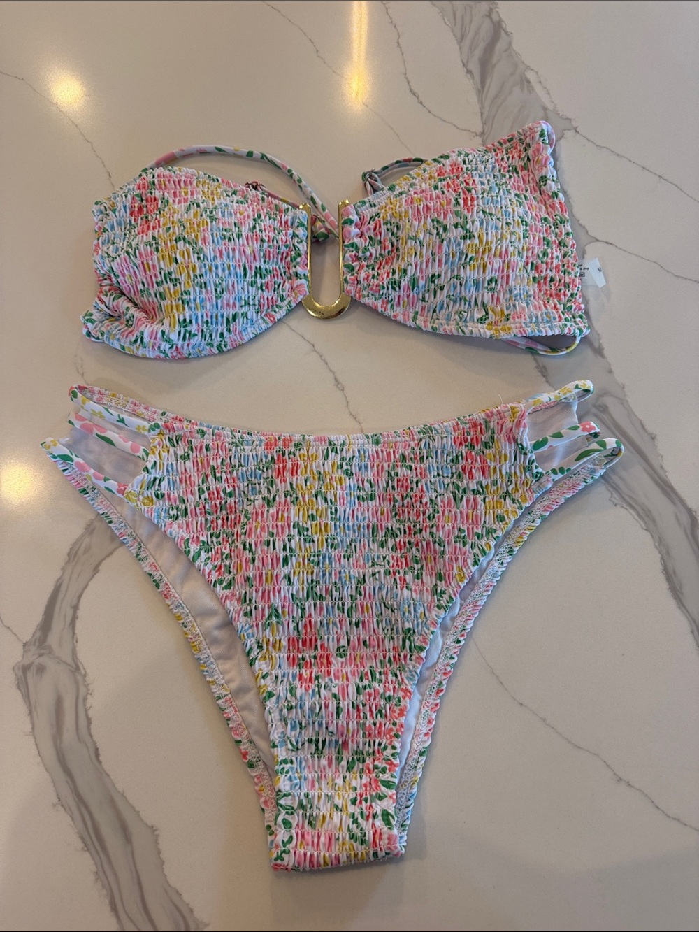 Smocked Floral Bandeau Bikini Set in Pink, Green & Yellow Size M